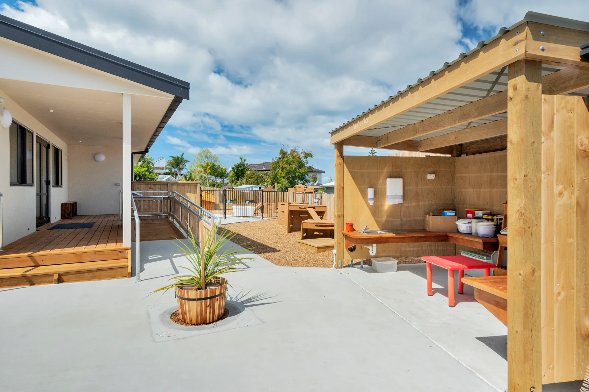 The outdoor art shack with sink, benches and messy play supplies
