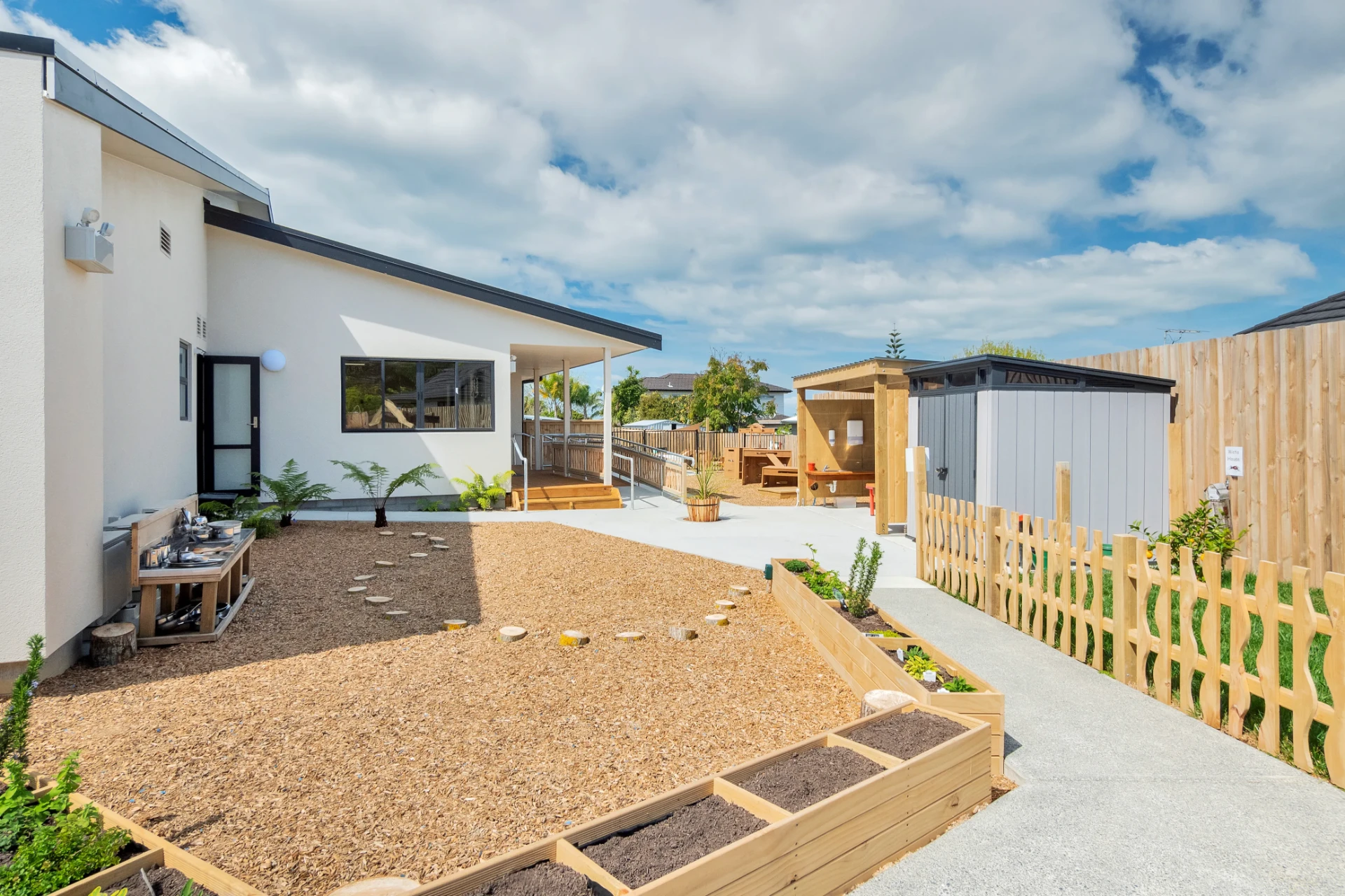 Raised vegetable beds, mud kitchen and covered outdoor spaces at the centre